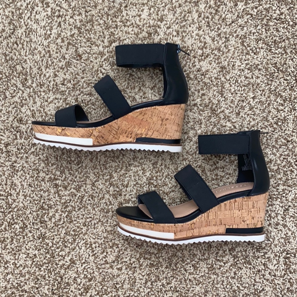 BCBG black cork wedge with ankle strap. Size 7